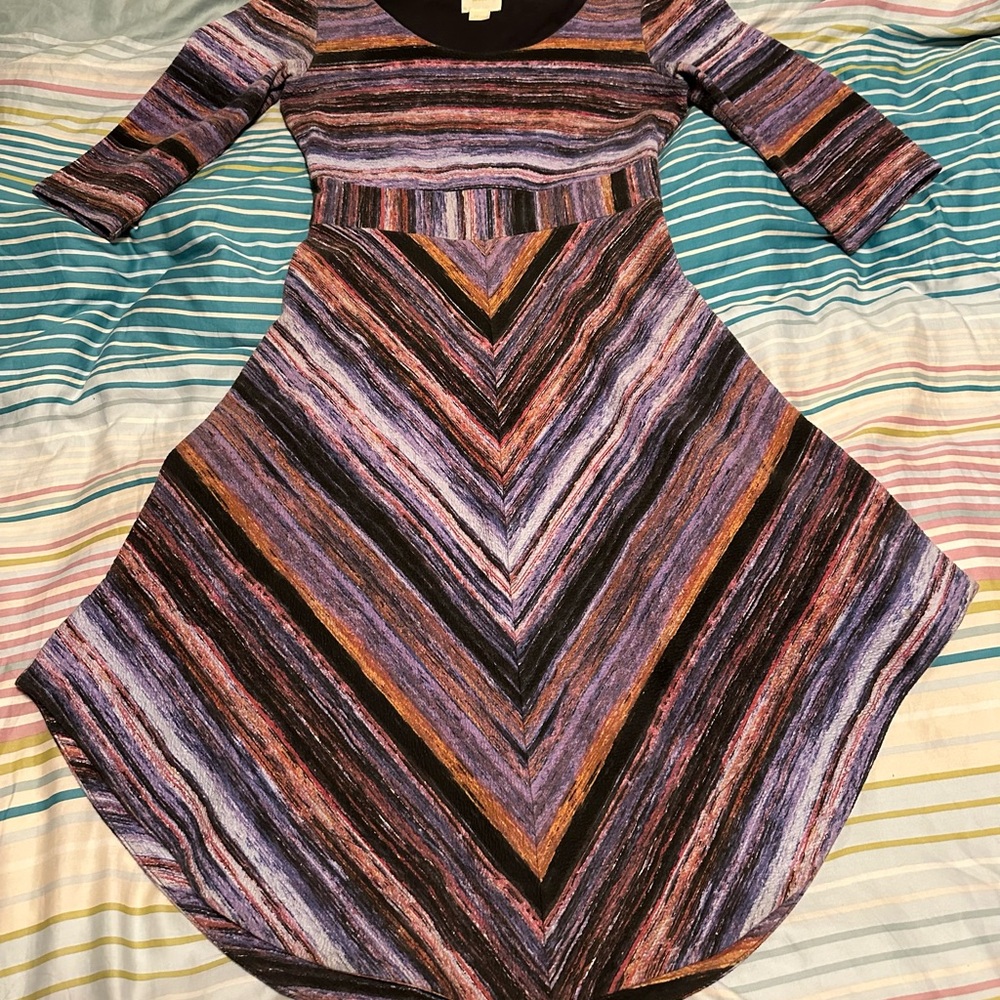 Anthropologie Maeve Kebren Purple Stripe midi Dress 3/4 sleeves Small
